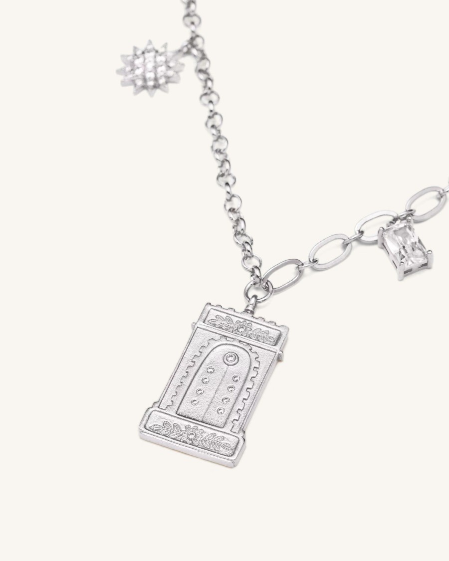 Bijoux JW PEI | Collier Avec Pendentif Arche Romaine - Plaque Or Blanc 18Ct & Zircon Blanc