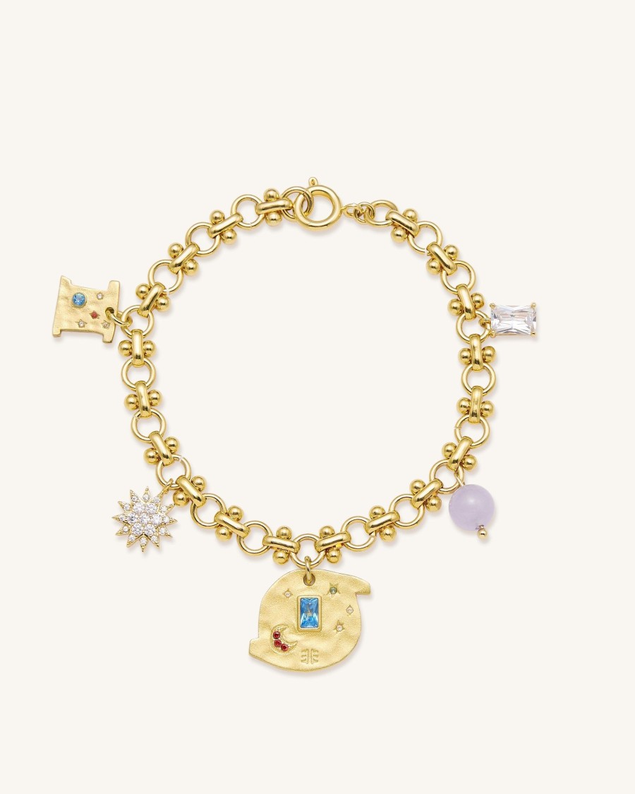 Bijoux JW PEI | Bracelet Multi Breloques Rond Cosmos - Plaque Or 18Ct & Zircon Multicolore & Perles Mauves