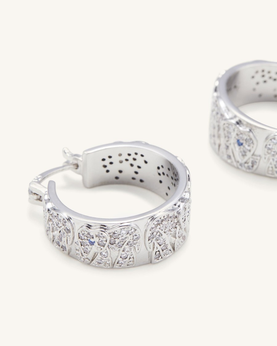 Bijoux JW PEI | Boucles D'Oreilles Elephant - Plaque Or Blanc 18Ct & Zircon Blanc & Spinelle Bleu