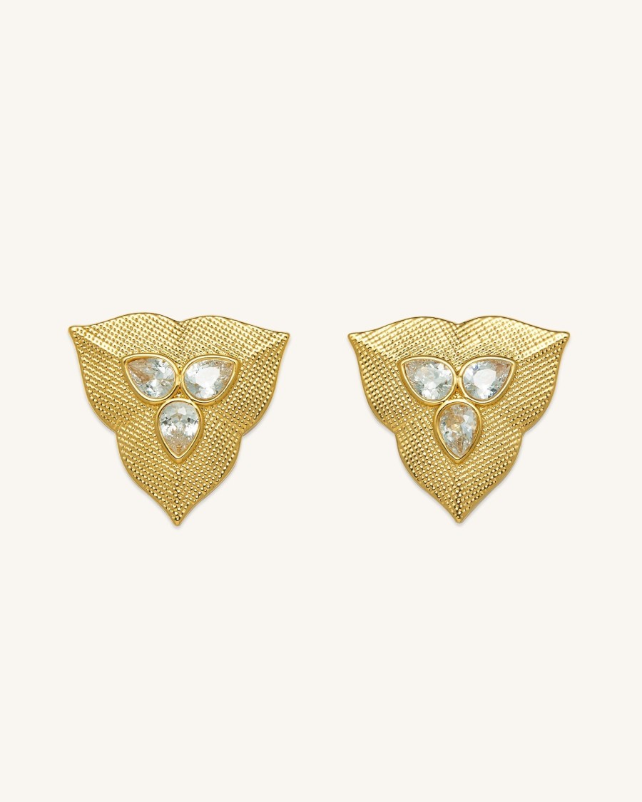 Bijoux JW PEI | Boucles D'Oreilles Feuille - Plaque Or 18Ct & Zircon Blanc