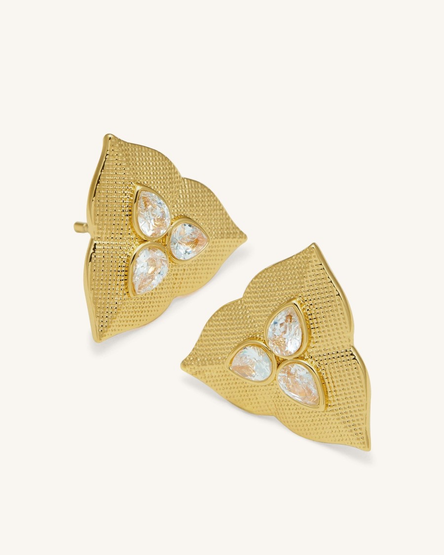 Bijoux JW PEI | Boucles D'Oreilles Feuille - Plaque Or 18Ct & Zircon Blanc