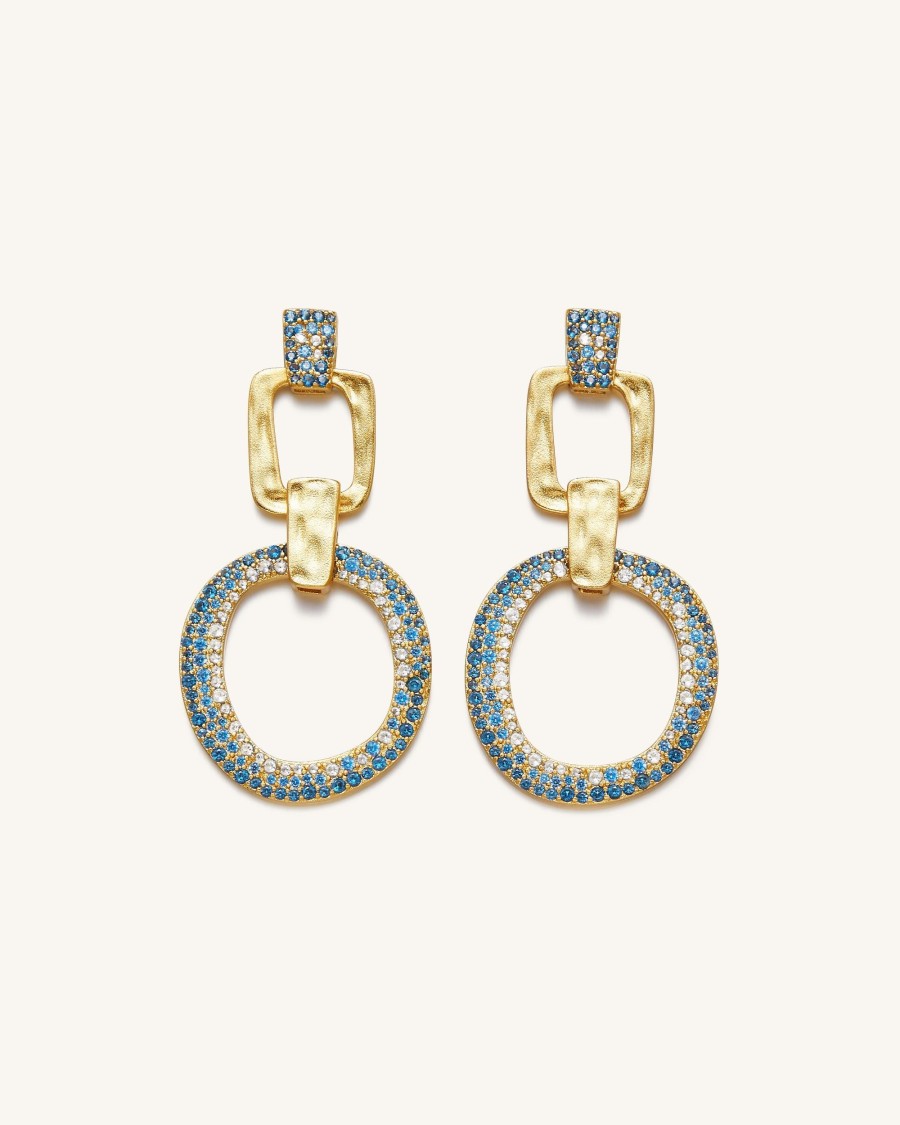 Bijoux JW PEI | Boucles D'Oreilles Geometrique Ajouree - Plaque Or 18Ct & Zircon Blanc - Nano Bleu Marine