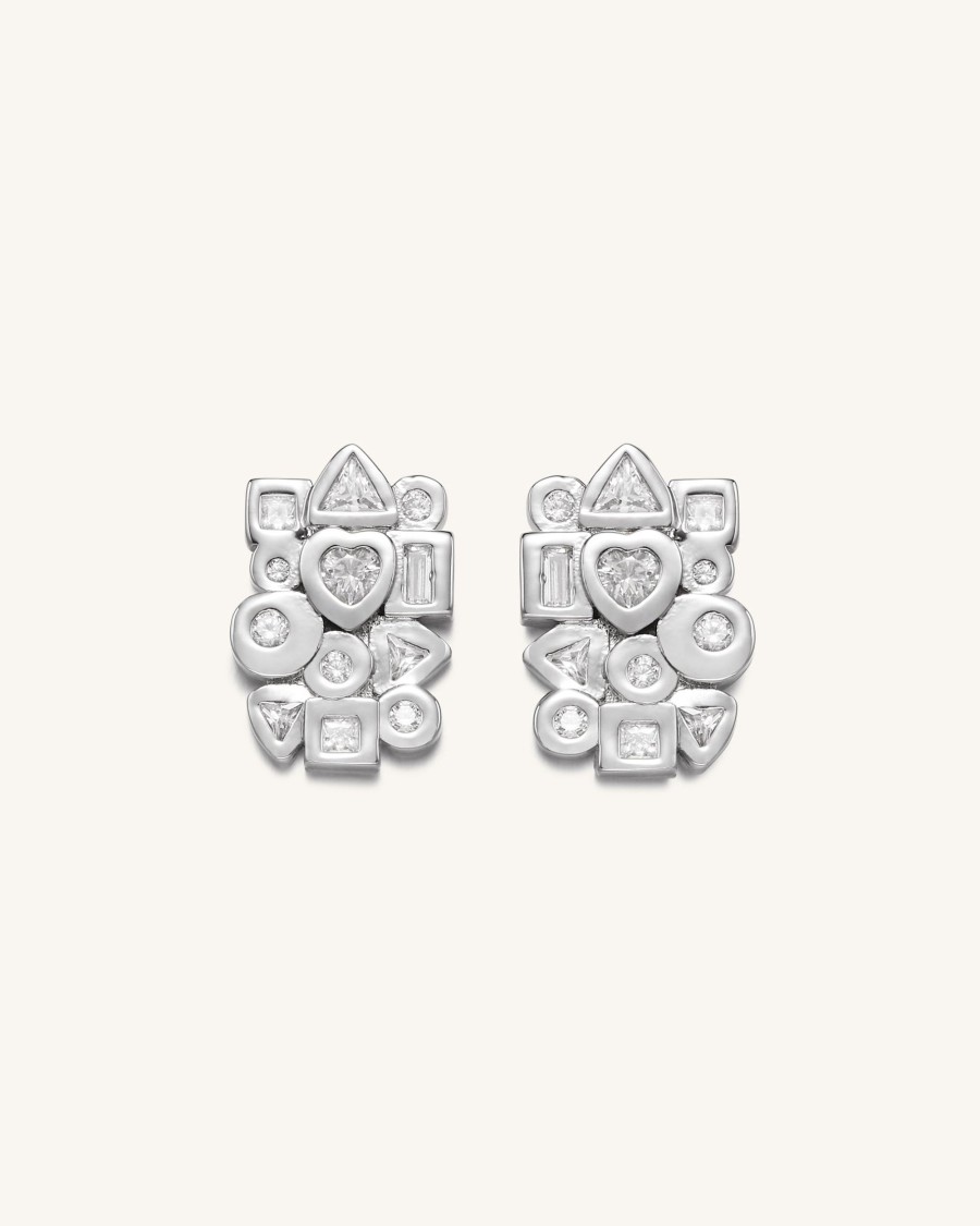 Bijoux JW PEI | Boucles D'Oreilles Combinaison Geometrique - Plaque Or Blanc 18Ct & Zircon Blanc