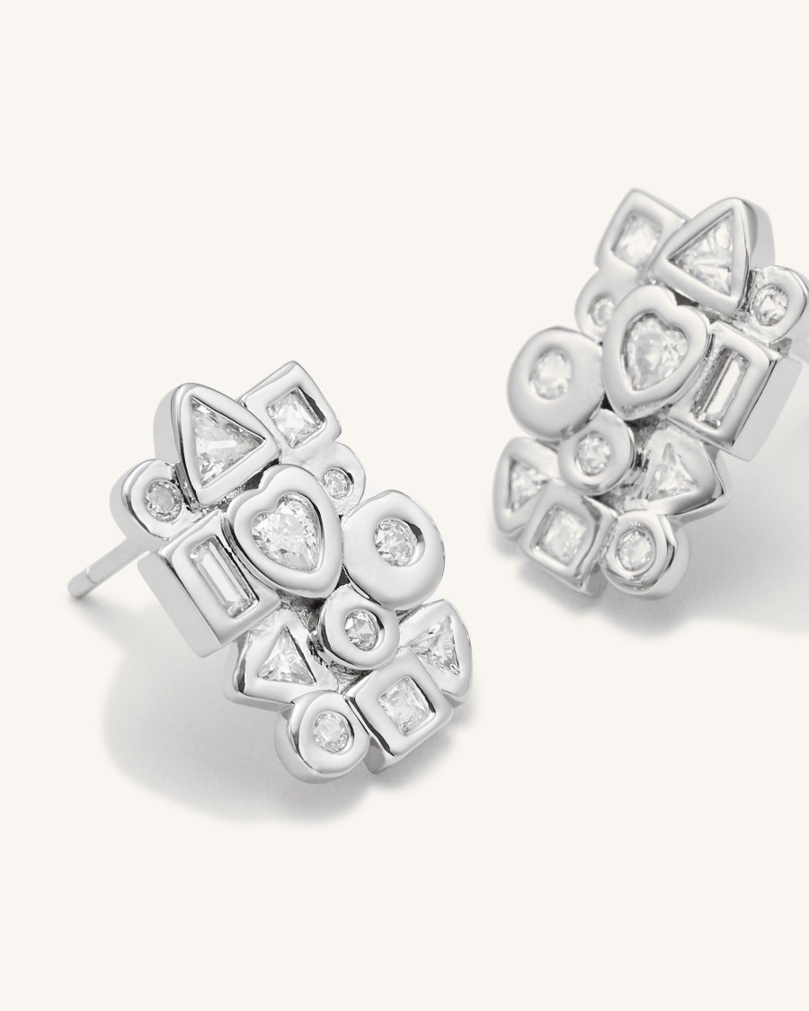 Bijoux JW PEI | Boucles D'Oreilles Combinaison Geometrique - Plaque Or Blanc 18Ct & Zircon Blanc