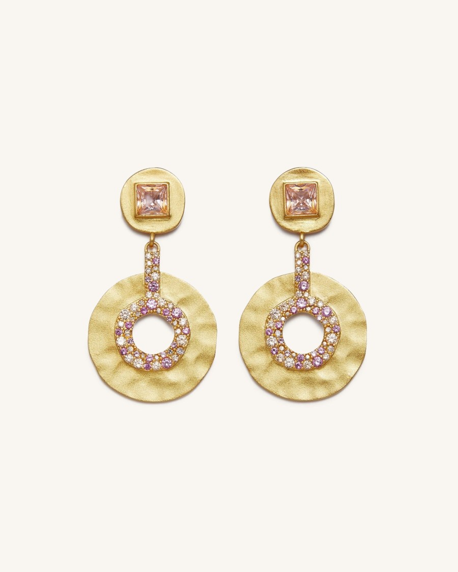 Bijoux JW PEI | Boucles D'Oreilles Geometriques Ajourees - Plaque Or 18Ct & Morganite & Corindon Rouge & Zircon Multicolore