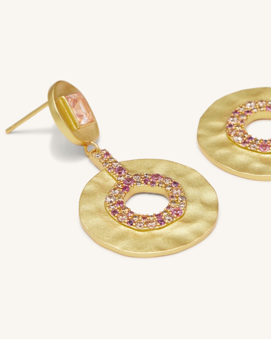 Bijoux JW PEI | Boucles D'Oreilles Geometriques Ajourees - Plaque Or 18Ct & Morganite & Corindon Rouge & Zircon Multicolore