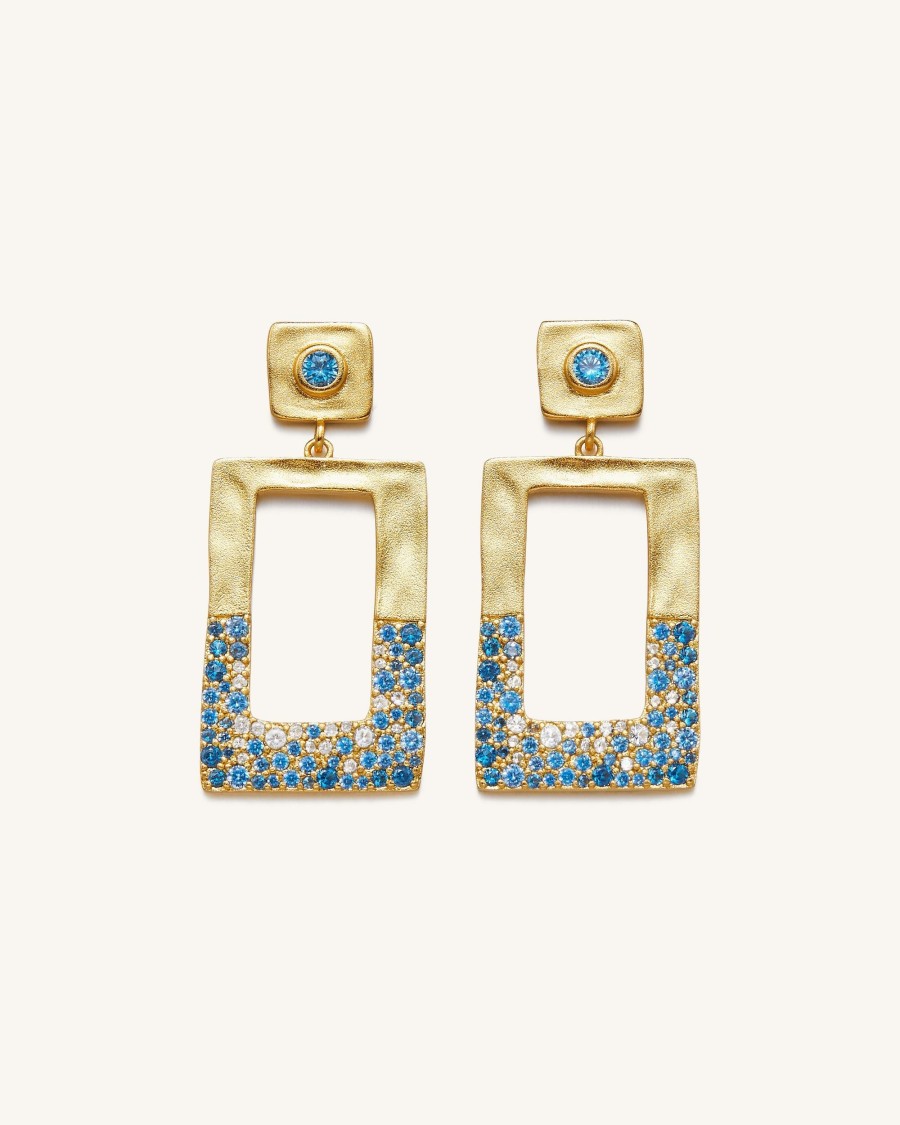 Bijoux JW PEI | Boucles D'Oreilles Rectangle Geometrique Ajoure - Plaque Or 18Ct & Nano Bleu Marine