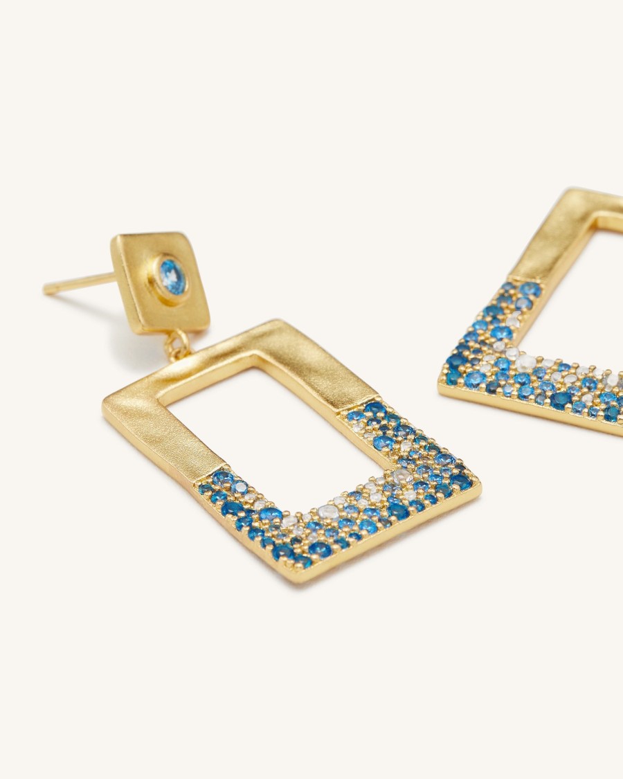 Bijoux JW PEI | Boucles D'Oreilles Rectangle Geometrique Ajoure - Plaque Or 18Ct & Nano Bleu Marine