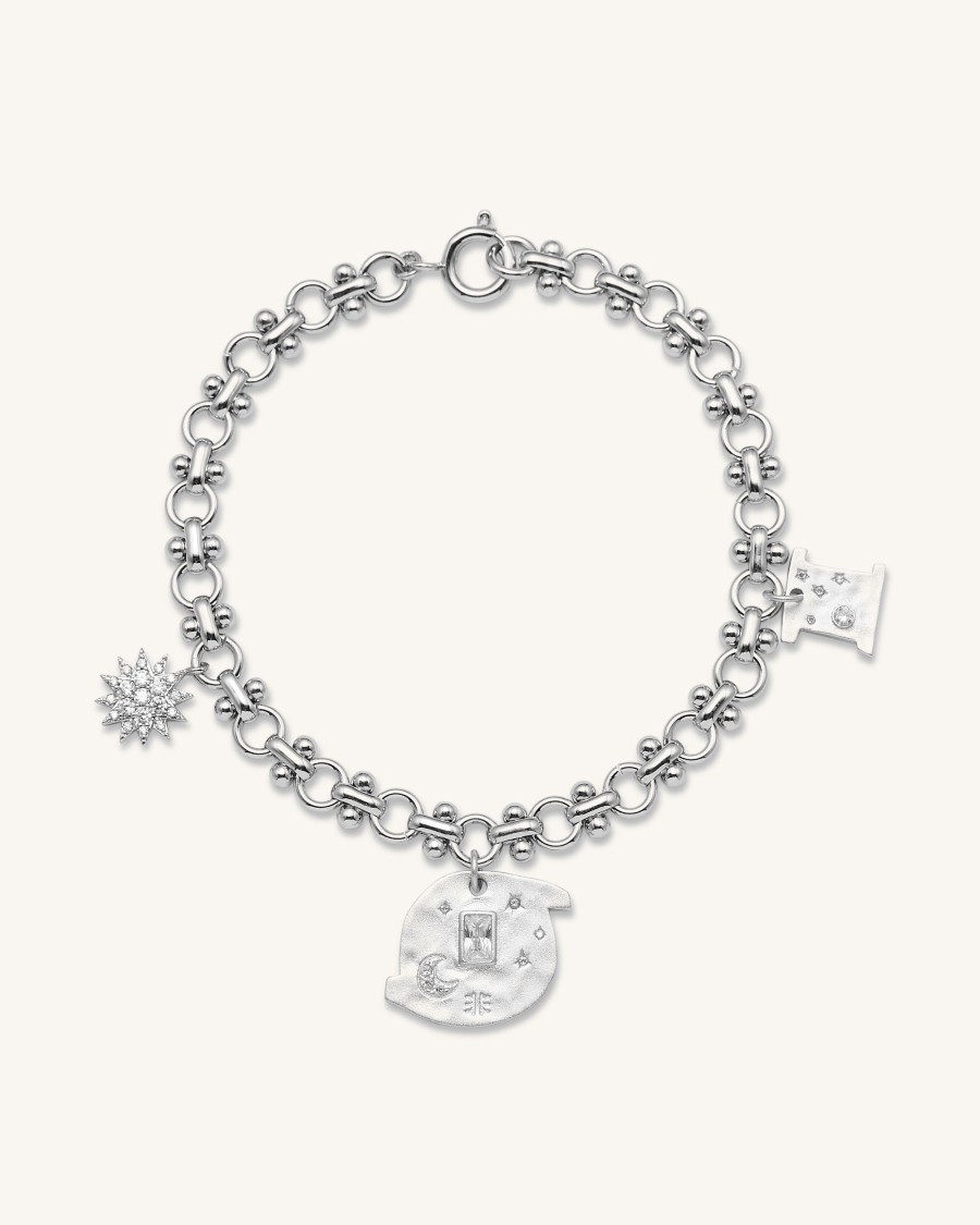 Bijoux JW PEI | Bracelet Multi Breloques Rond Cosmos - Plaque Or Blanc 18Ct & Zircon Blanc