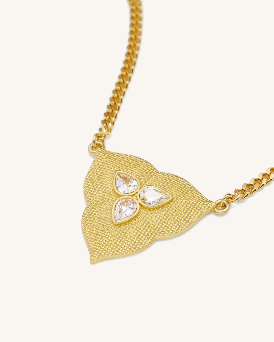 Bijoux JW PEI | Collier Pendentif Feuille - Plaque Or 18Ct & Zircon Blanc