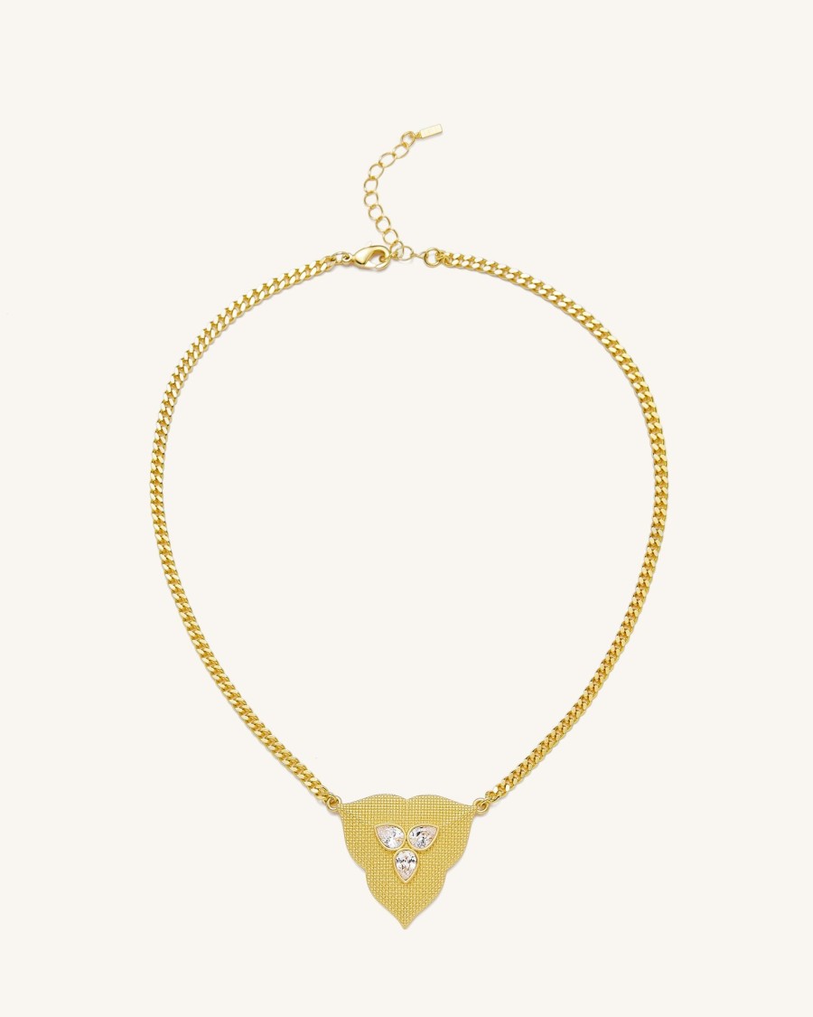 Bijoux JW PEI | Collier Pendentif Feuille - Plaque Or 18Ct & Zircon Blanc