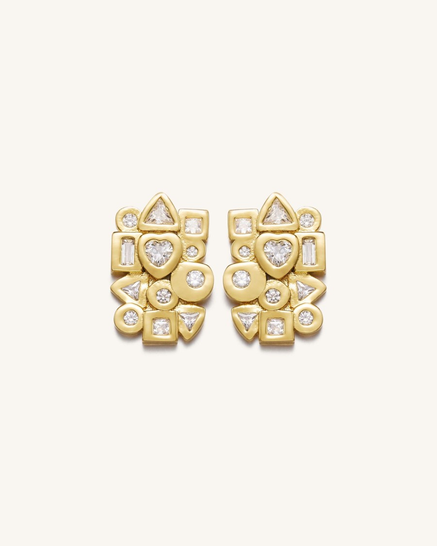 Bijoux JW PEI | Boucles D'Oreilles Combinaison Geometrique - Plaque Or 18Ct & Zircon Blanc