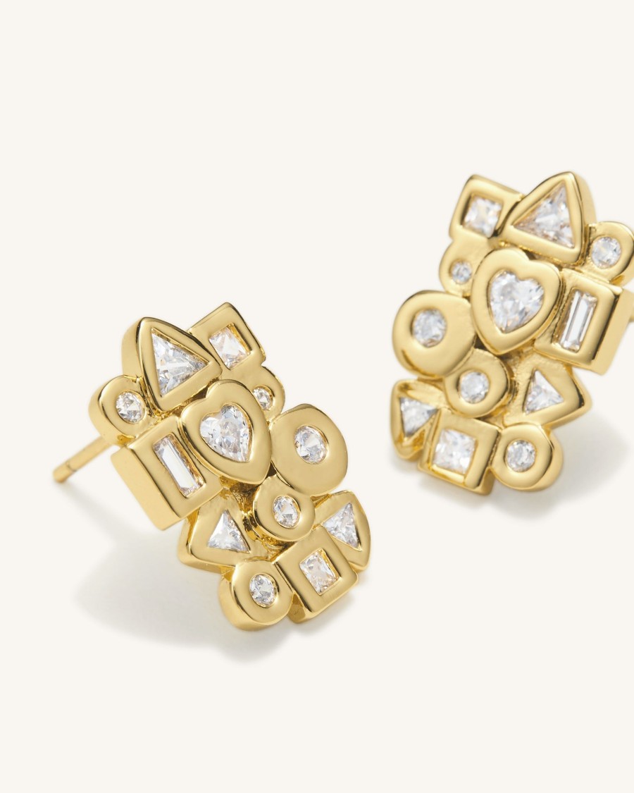 Bijoux JW PEI | Boucles D'Oreilles Combinaison Geometrique - Plaque Or 18Ct & Zircon Blanc