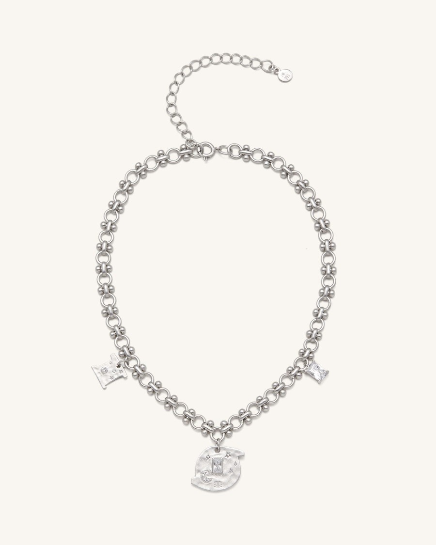 Bijoux JW PEI | Collier Multi Breloques Rond Cosmos - Plaque Or Blanc 18Ct & Zircon Blanc