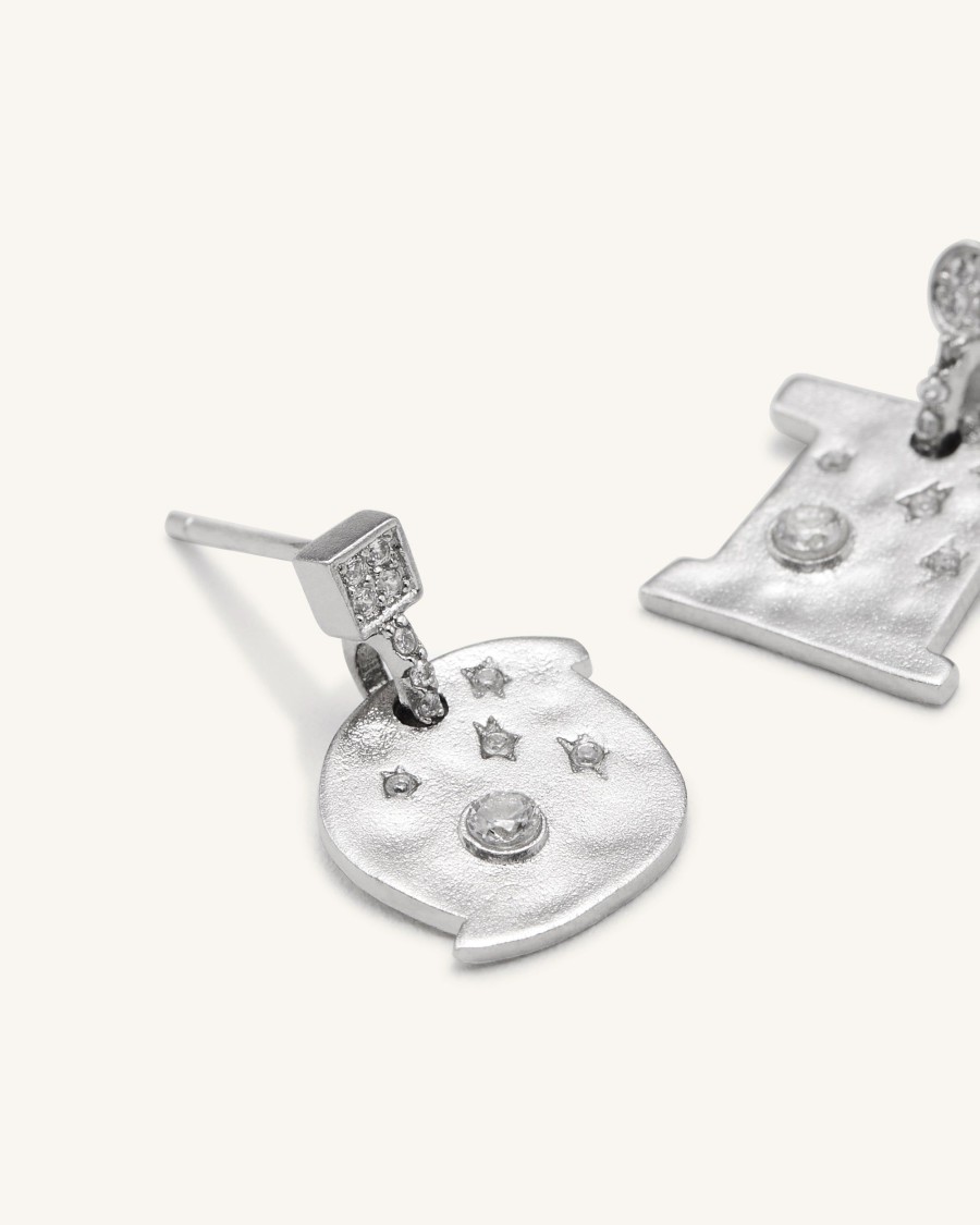 Bijoux JW PEI | Boucles D'Oreilles Cosmos - Plaque Or Blanc 18Ct & Zircon Blanc