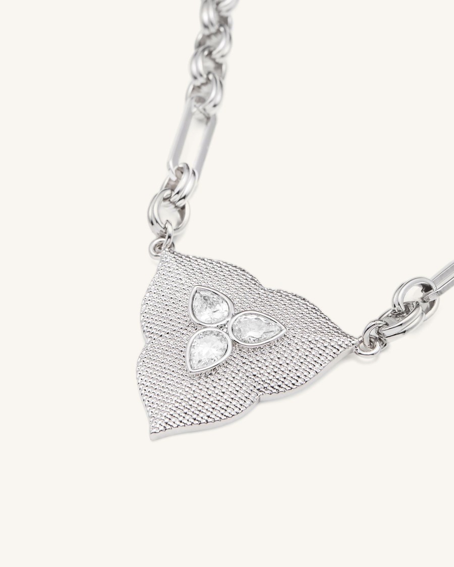 Bijoux JW PEI | Collier Pendentif Feuille - Plaque Or Blanc 18Ct & Zircon Blanc