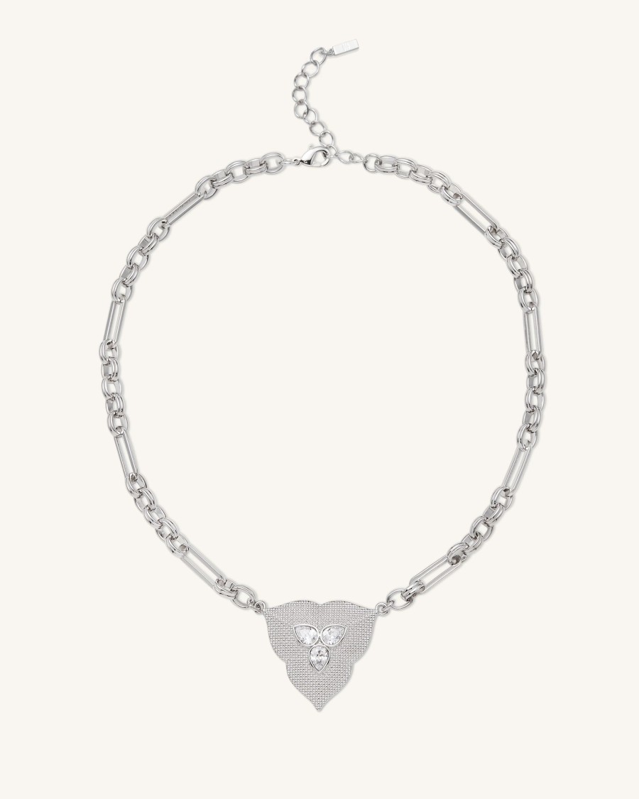 Bijoux JW PEI | Collier Pendentif Feuille - Plaque Or Blanc 18Ct & Zircon Blanc