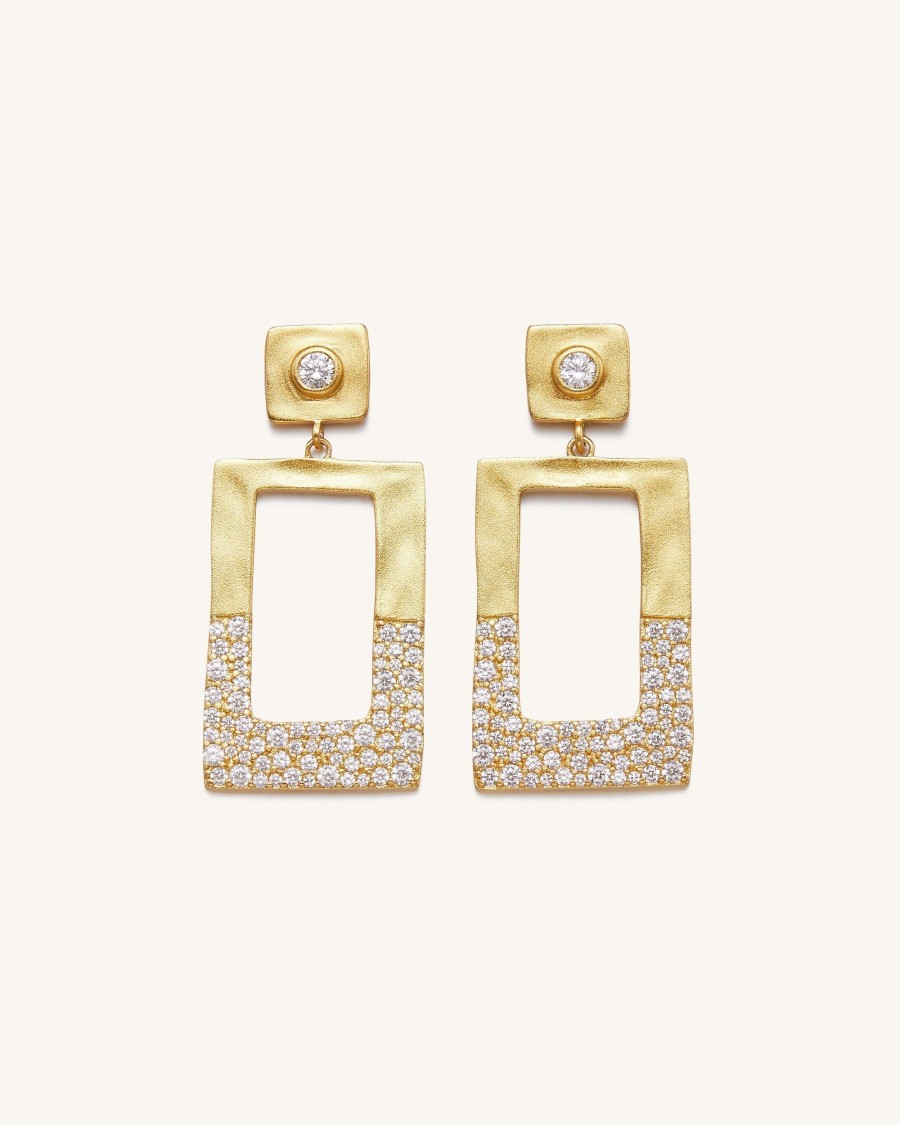 Bijoux JW PEI | Boucles D'Oreilles Rectangle Geometrique Ajoure - Plaque Or 18Ct & Zircon Blanc