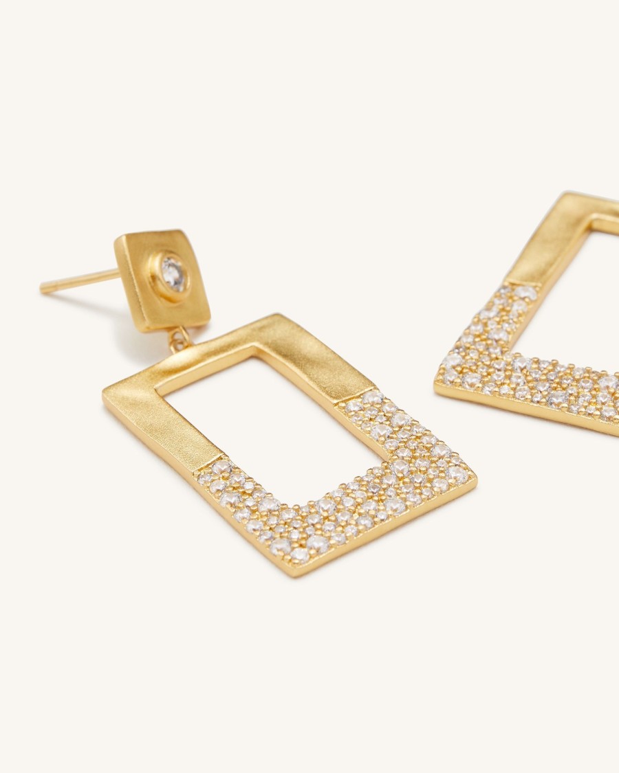 Bijoux JW PEI | Boucles D'Oreilles Rectangle Geometrique Ajoure - Plaque Or 18Ct & Zircon Blanc