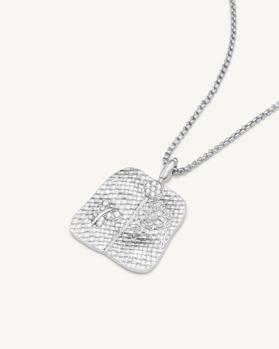 Bijoux JW PEI | Collier A Pendentif Eventail Plantain - Plaque Or Blanc 18Ct & Zircon Blanc