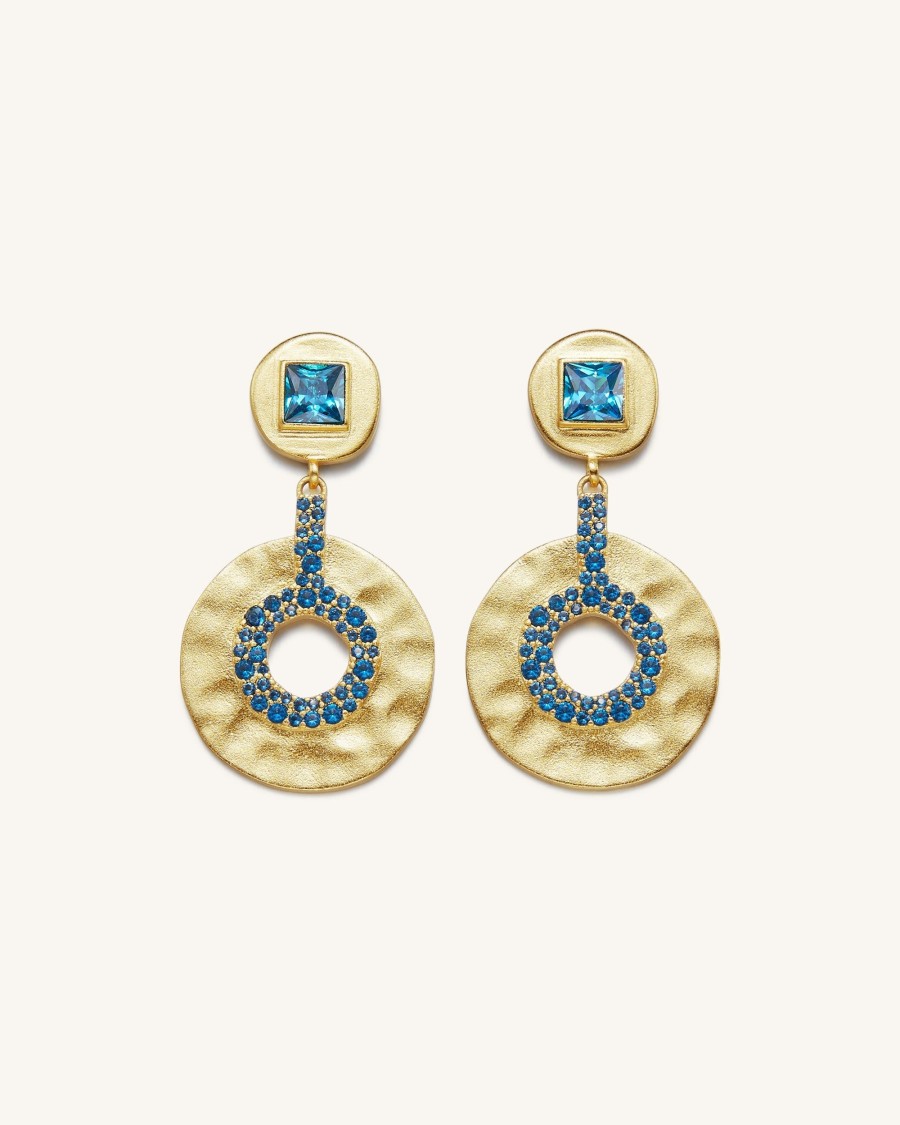 Bijoux JW PEI | Boucles D'Oreilles Geometriques Ajourees - Plaque Or 18Ct & Zircon Bleu Marine