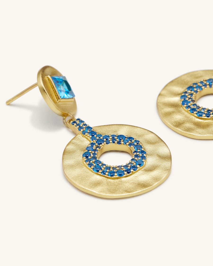 Bijoux JW PEI | Boucles D'Oreilles Geometriques Ajourees - Plaque Or 18Ct & Zircon Bleu Marine