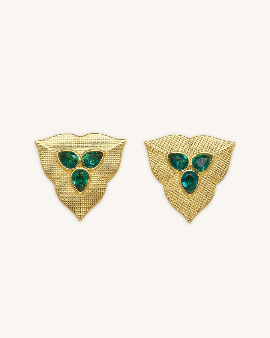 Bijoux JW PEI | Boucles D'Oreilles Feuille - Plaque Or 18Ct & Zircon Vert Fonce