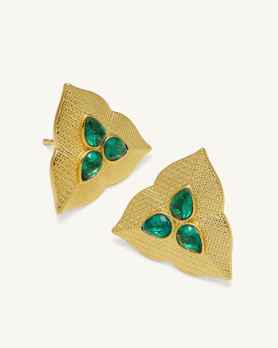 Bijoux JW PEI | Boucles D'Oreilles Feuille - Plaque Or 18Ct & Zircon Vert Fonce